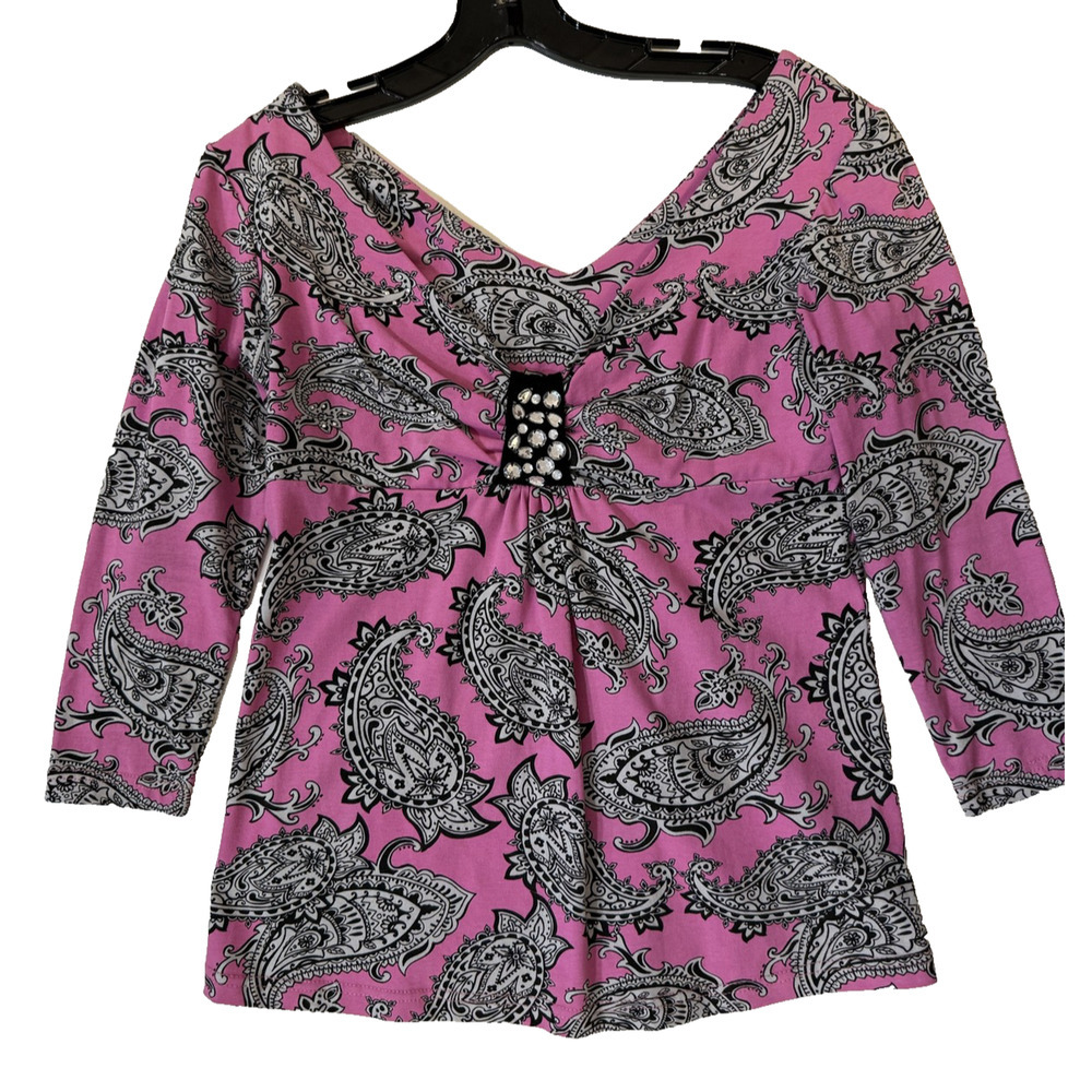 Joyous & Free Blouse‎ Womens Small BOHO Paisley 3/4 Sleeve V Neck Rhinestone Y2K